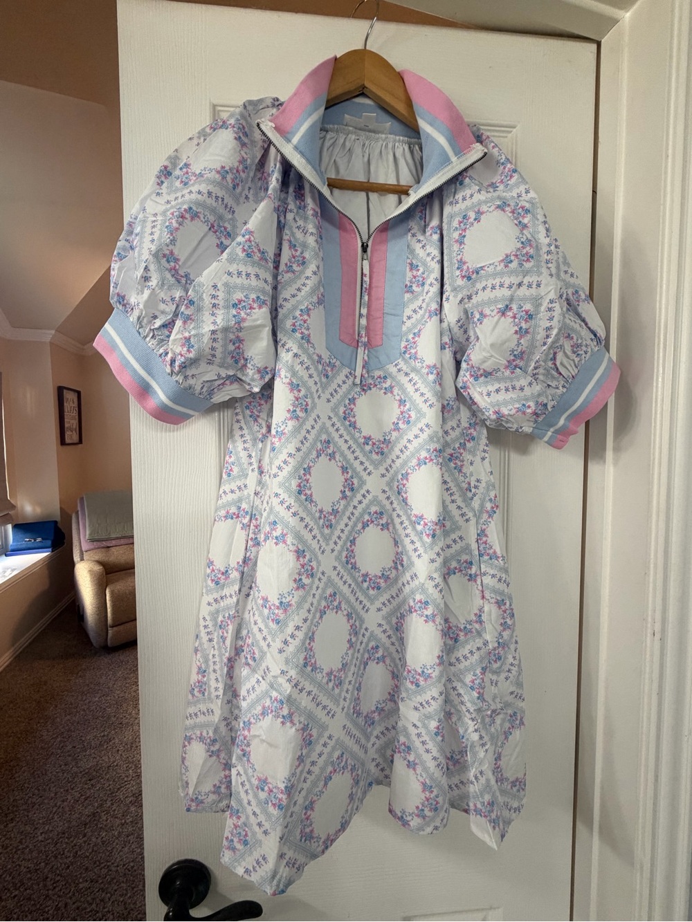 Peach Love California White Dress with Pink & Blue Trim